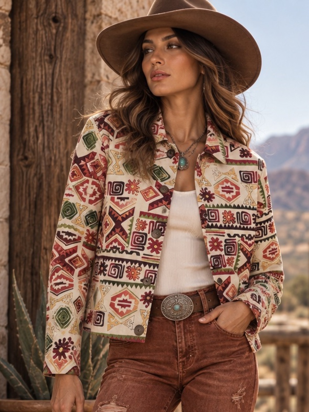 🌵 Traditions by Chico’s 100% COTTON Southwestern Printed Denim Jacket Size 1 (M)